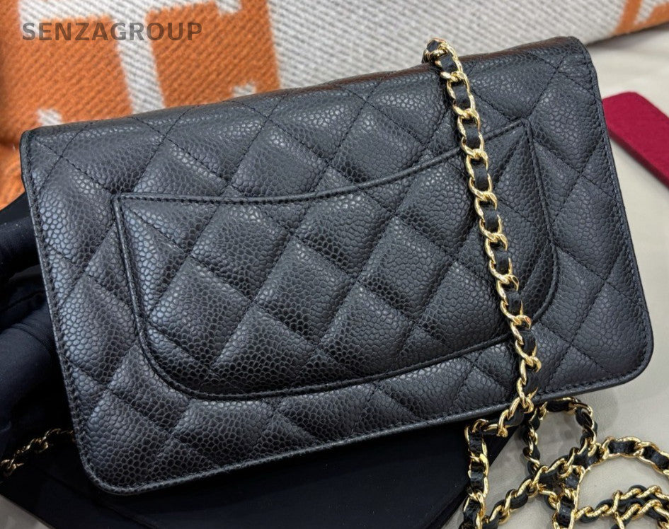 Chanel WOC Calfskin Chain Shoulder Bag Crossbody Black Gold Women Classic