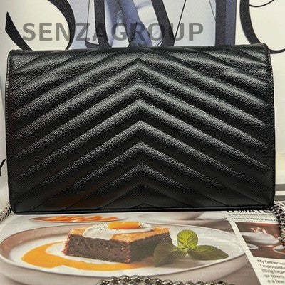 YSL Saint Laurent Classic Chain Envelope Leather Wallet Bag Black Silver