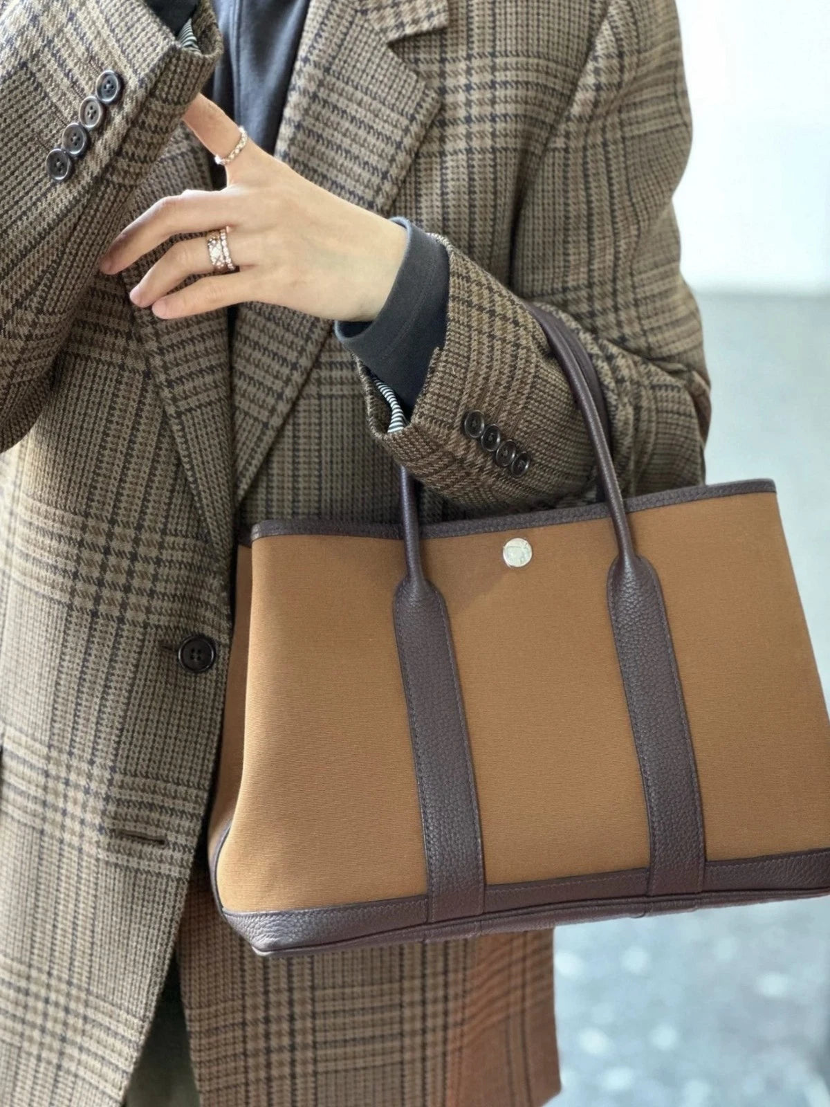 Hermes Garden Party30 Canvas Top Handle Bag Brown Silver Women Classic