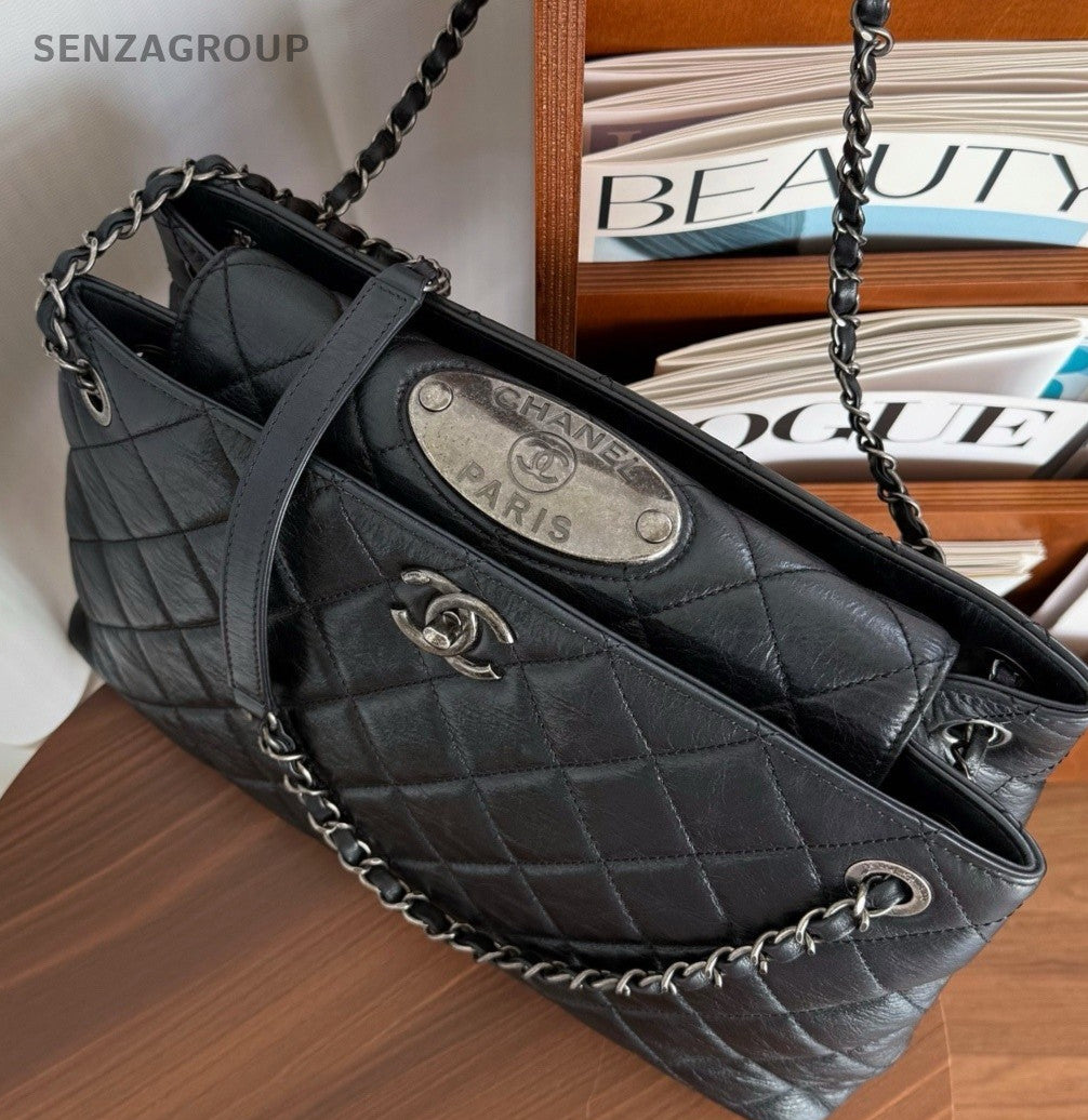 Chanel Mumbai Tote Shoulder Bag Black Silver Women