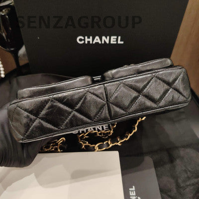 Chanel Black Gold Lambskin Messenger Chain Crossbody Bag Classic Women