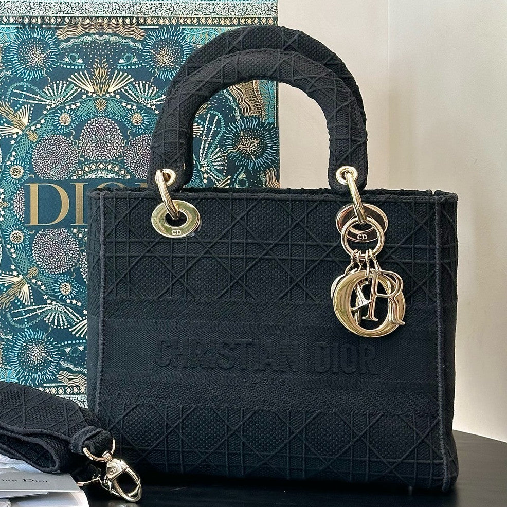 Dior Lady D-Lite Medium Black Tote Shoulder Bag - Women's Fashion