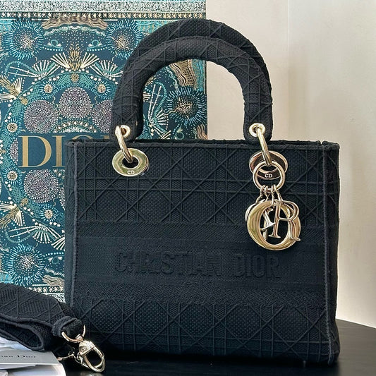 Dior Lady D-Lite Medium Black Tote Shoulder Bag - Women's Fashion
