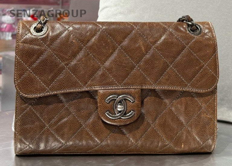 Chanel Classic Flap Calfskin PM Chain Shoulder Bag Crossbody Brown Silver Women