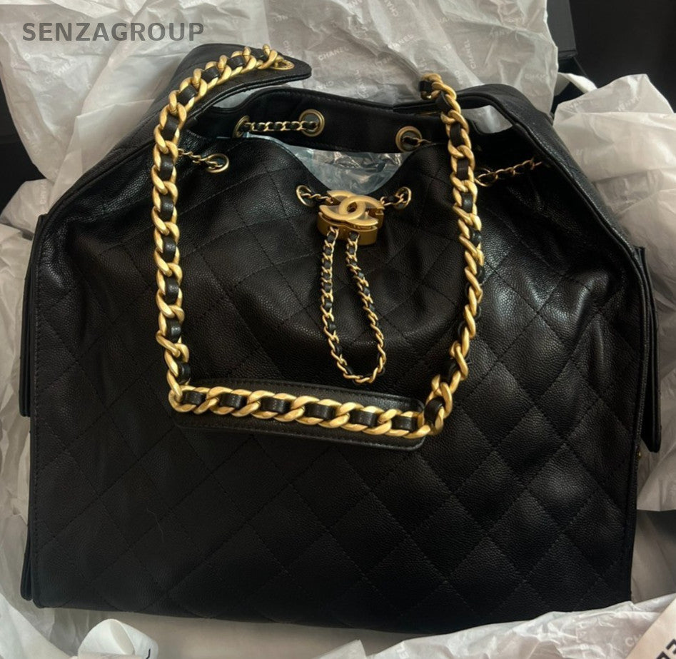 Chanel 25 Calfskin MM Chain Shoulder Bag Black Gold Used Women Classic Designer