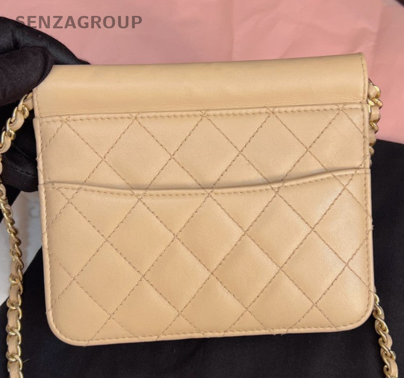 Chanel WOC Mini Chain Calfskin Shoulder Bag Crossbody Brown Gold Diamond Women