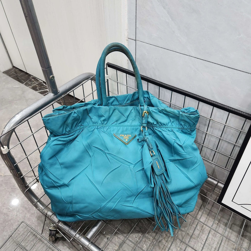 PRADA Blue Nylon Tote Handbag Shoulder Bag For Women