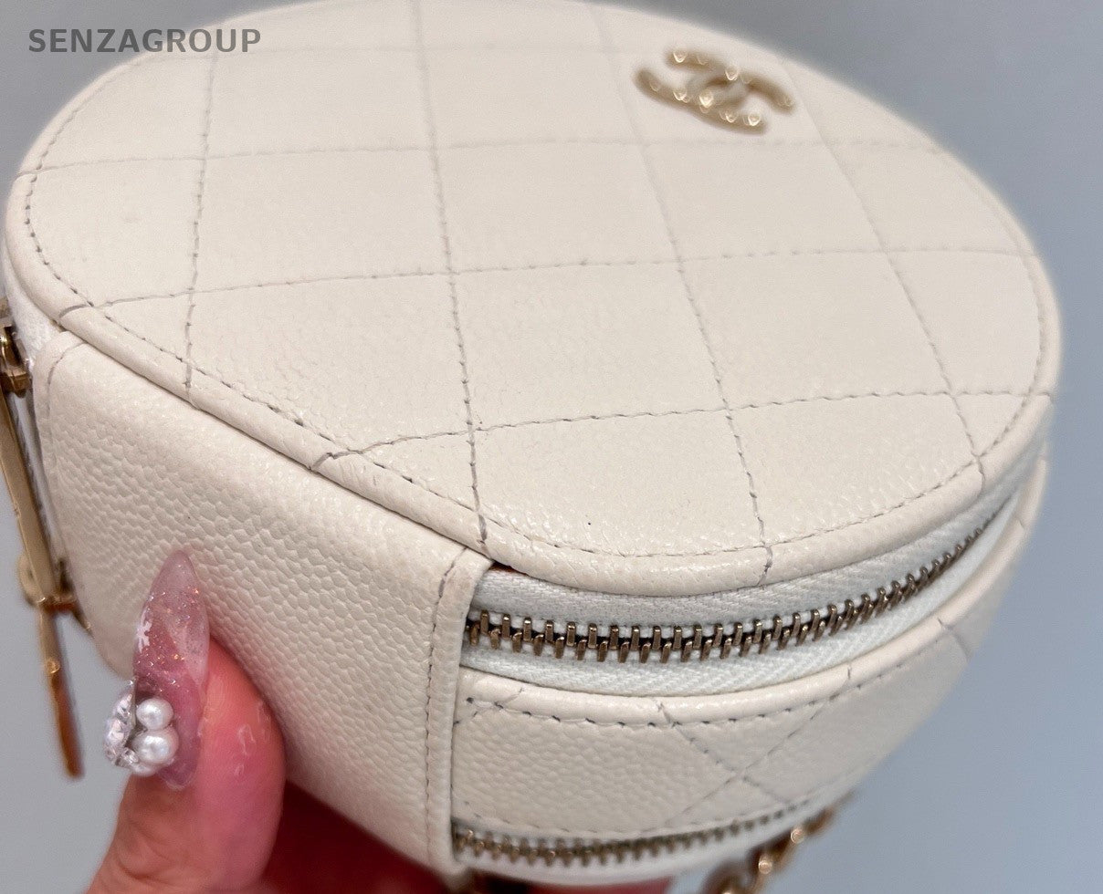 Chanel Diamond Calfskin Mini Round Bag Chain Crossbody White Gold Women Classic