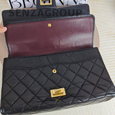 Chanel 2.55 Jumbo Black Gold Quilted Chain Shoulder Bag Classic Women
