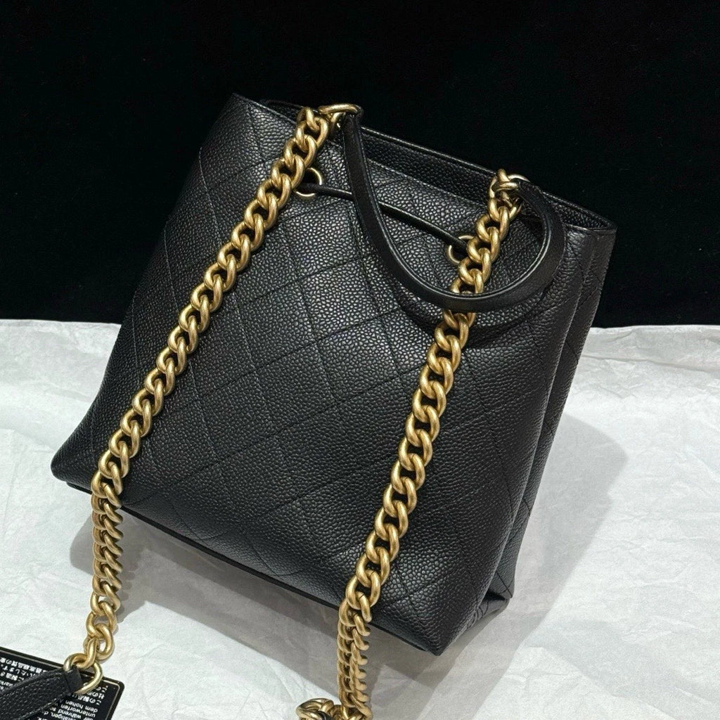 Chanel Diamond Drawstring Bucket Chain Shoulder Crossbody Black Gold Women