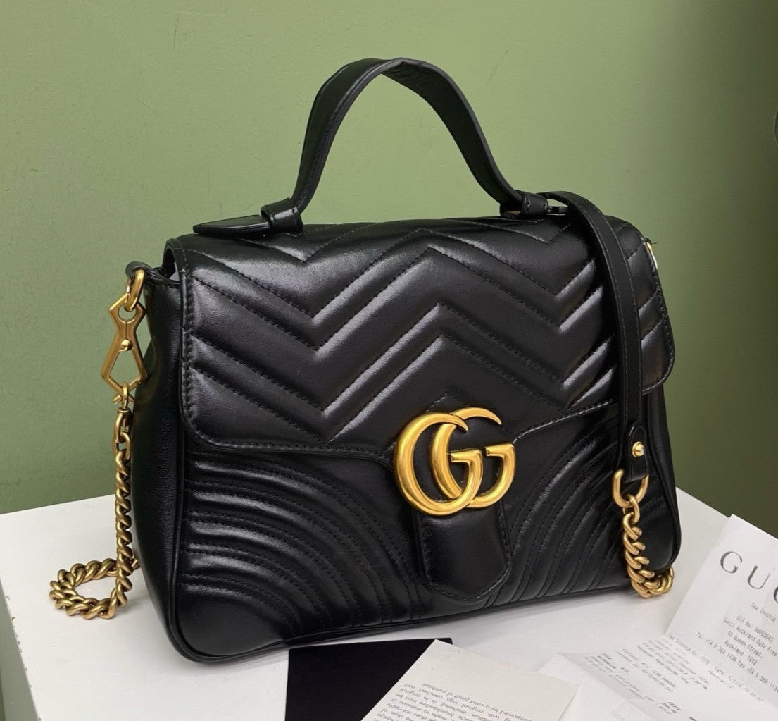 Gucci Marmont Messenger Bag Chain 2Way Top Handle Crossbody Black Gold Women