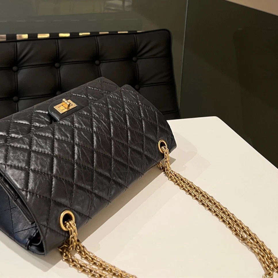 Chanel 2.55 Medium Black Gold Quilted Chain Shoulder Bag Classic