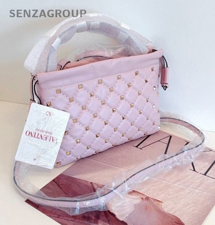Valentino Riveted diamond pattern Top Handle Shoulder bag Pink Women Brand NEW