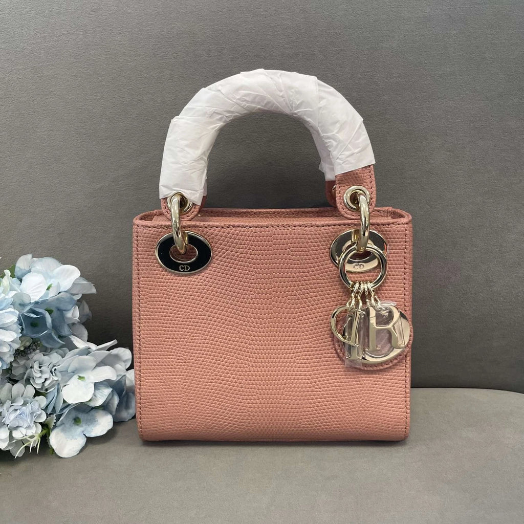 Dior Pink Lizard Leather Lady Dior Gold Hardware Top Handle Bag Women