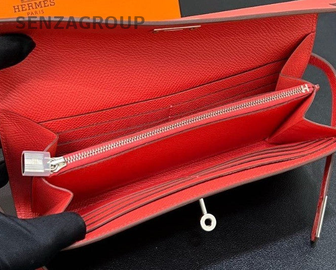 Hermes Kelly long Epsom Leather Wallet Kelly Togo Red Silver Women Designer