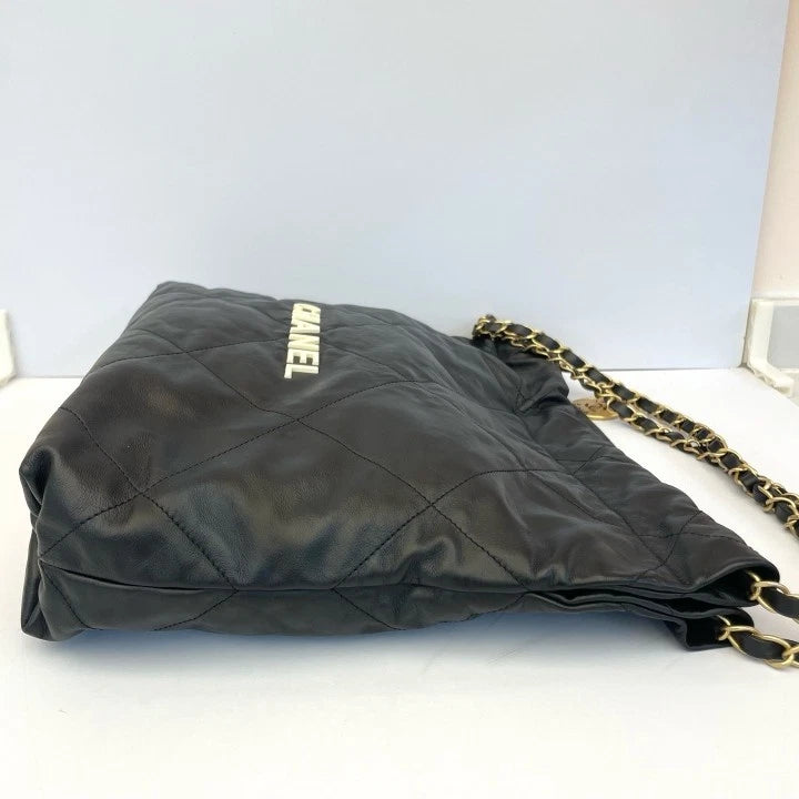 CHANEL Calfskin 22Bag Black Gold Small Tote Shoulder Bag For Women