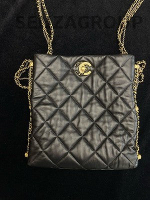 Chanel 21B Tote Chain Shoulder Bag Black Gold CC Logo Quilted