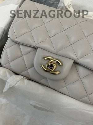 Chanel 23S Square Mini Bag Light Gray Gold Hardware Quilted Chain Shoulder Bag