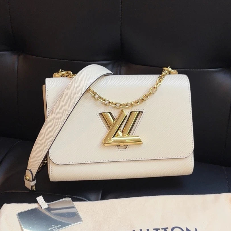 Louis Vuitton Twist MM Chain Shoulder Crossbody Bag White Gold Women Classic
