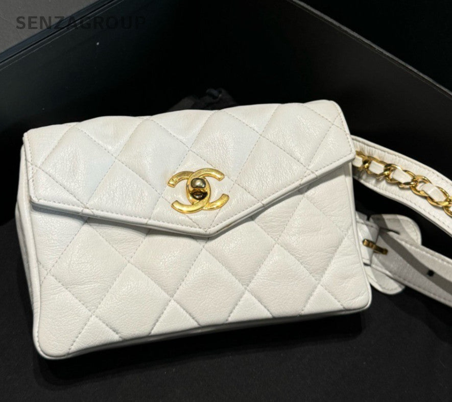 Chanel Diamond Lambskin Waist Bag Crossbody White Gold Women Classic Vintage