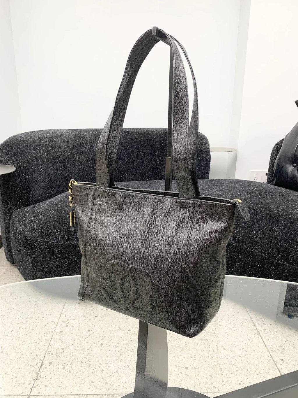 Chanel Calfskin Black Shoulder Bag Gold Hardware Women Classic S