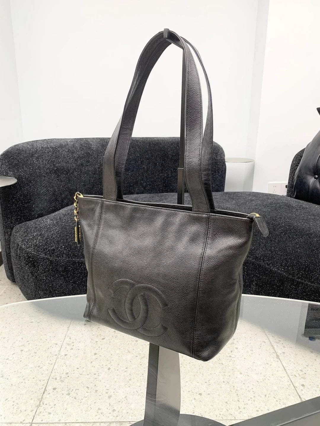 Chanel Calfskin Black Shoulder Bag Gold Hardware Women Classic S