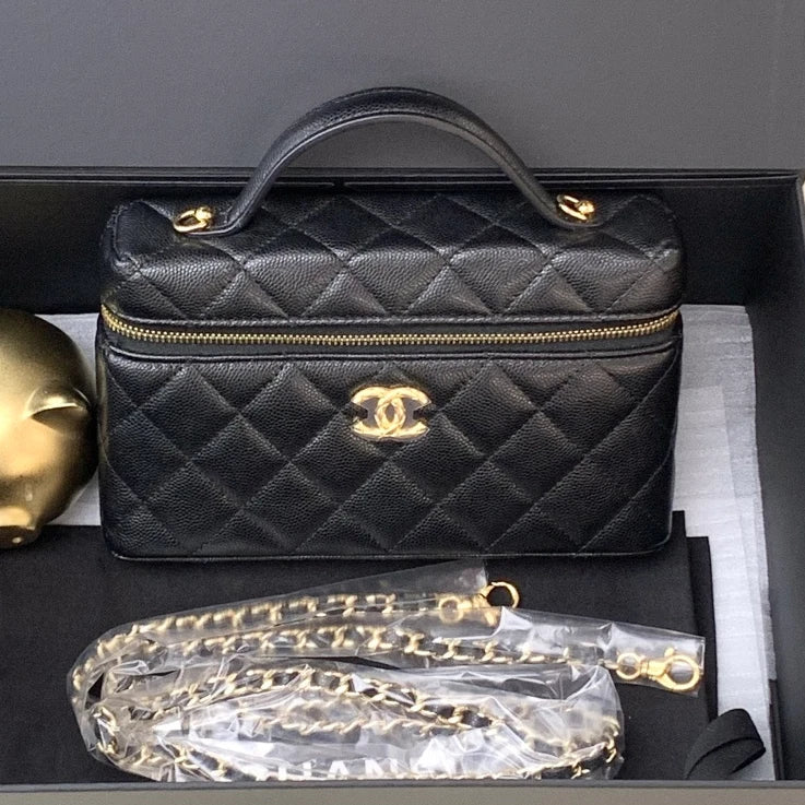 Chanel Vanity Case Calfskin Chain Top Handle Crossbody Bag Black Women S