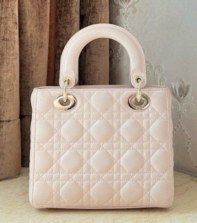 Christian Dior Lady PM Lambskin in Rose Pink with Wicker pattern Top Handle bag