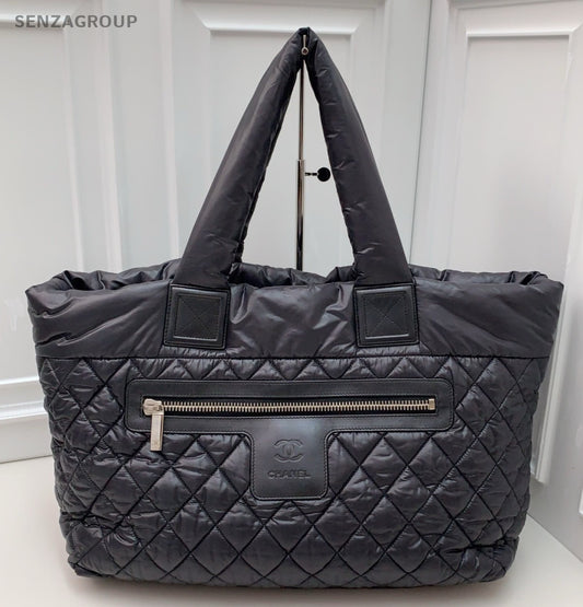 CHANEL Tote Puffer Nylon Diamond Pattern Black  Silver Women Handbag