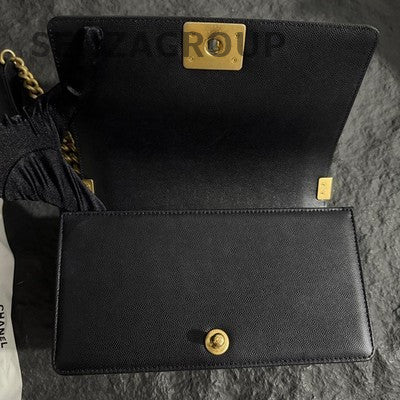 Chanel Le Boy Medium Black Gold Caviar Quilted Chain Shoulder Bag