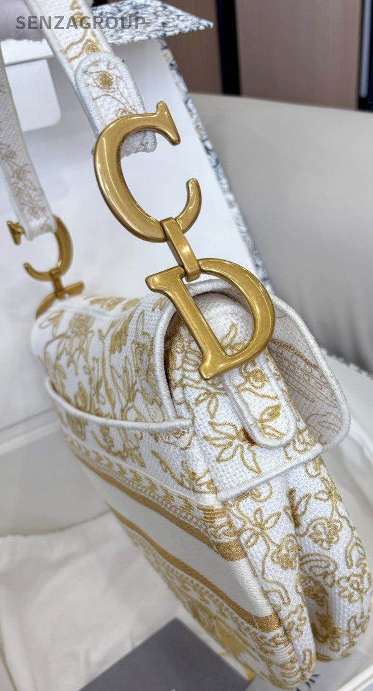 Christian Dior D-Horse Shoe MM Embroidered Shoulder Bag Gold Almost Brand New