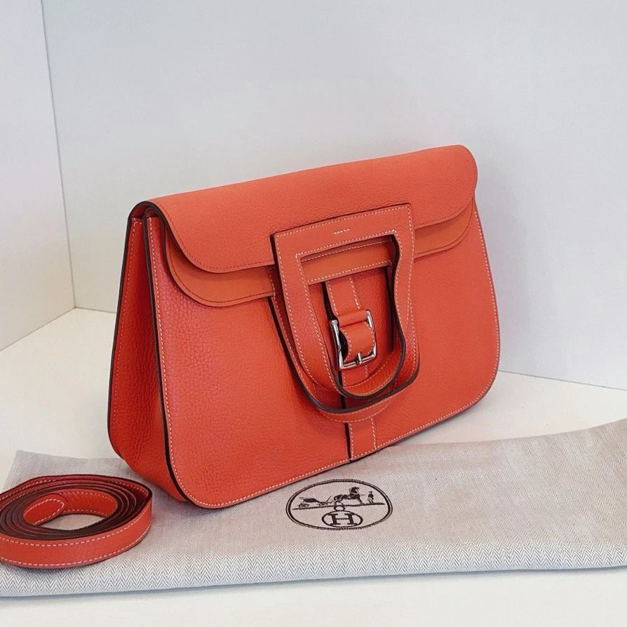 Hermes Halzan31 TC Leather Handbag Crossbody Orange Silver Hardware