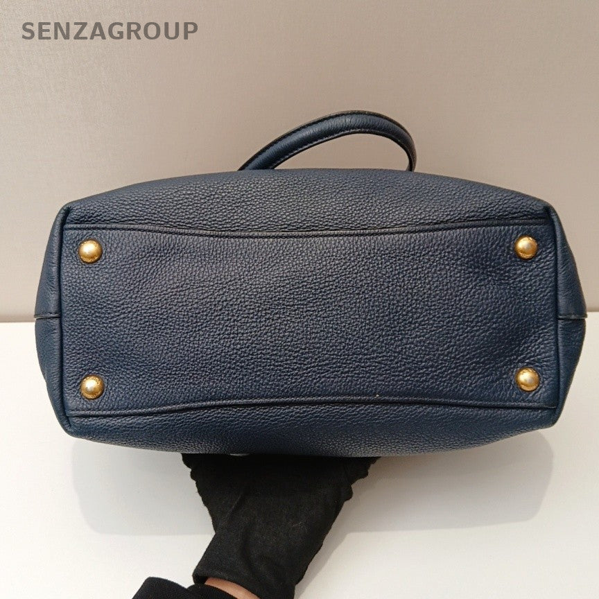 Prada Calfskin Tote Shoulder Bag Blue Gold Used Women Classic