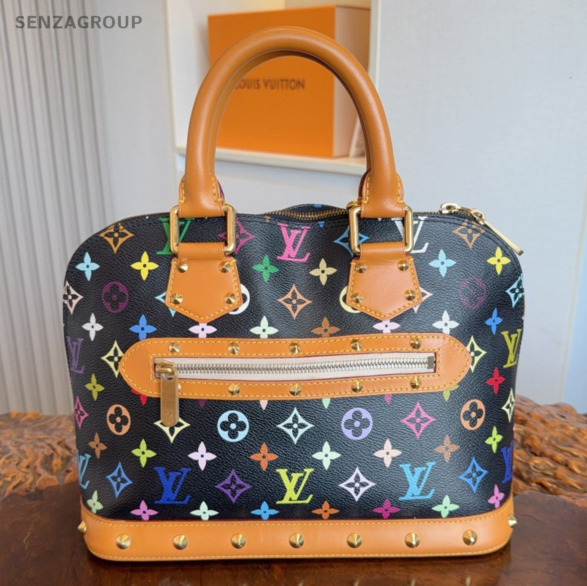 Louis Vuitton Alma Black Multicolor Monogram Top Handle Bag Gold Women Classic