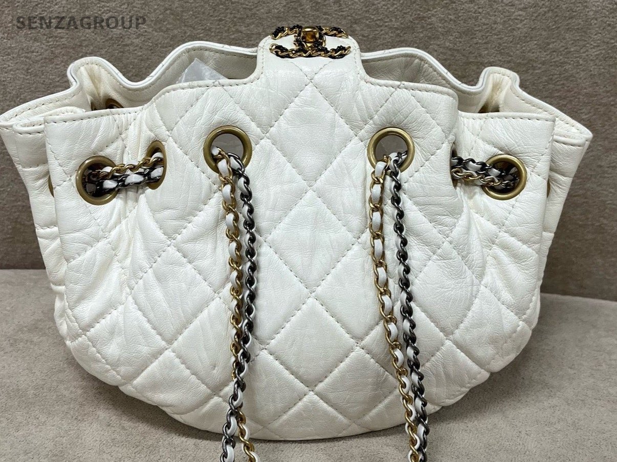 Chanel Lambskin Bucket Chain Shoulder Bag White Gold Women Classic