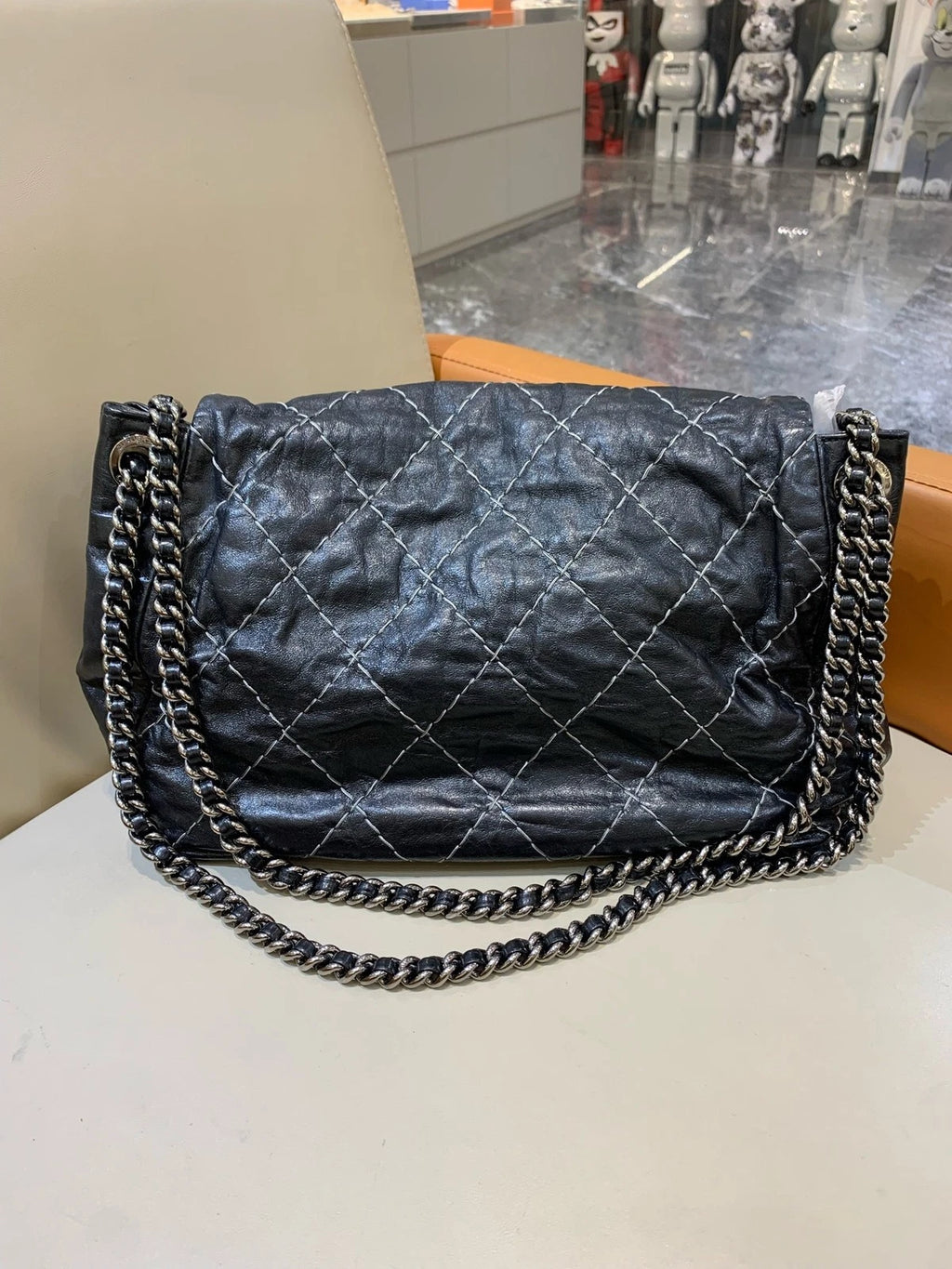 CHANEL Black Leather Pumpkin Chain Shoulder Bag For Women