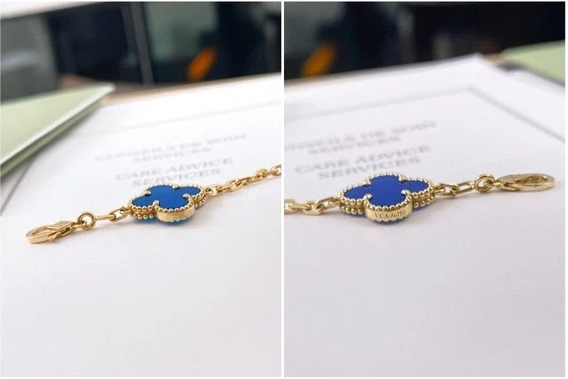 Van Cleef &amp; Arpels Vintage Alhambra 5 Motifs Bracelet 18K Yellow Gold Blue Agate