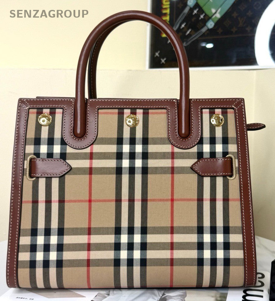 Burberry Title 2Way Tope Handle Bag Crossbody Red Beige Gold Women Classic