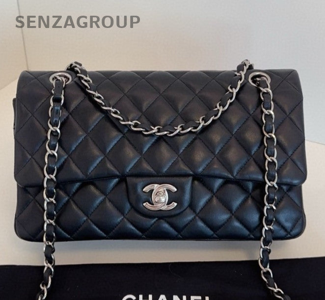 Chanel Classic Flap MM Lambskin Chain Shoulder Bag Crossbody Black Silver Women