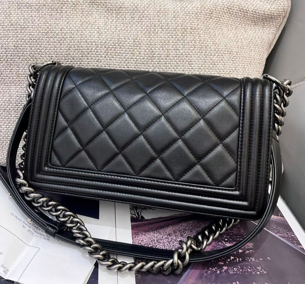 Chanel Leboy MM Chain Calfskin Black Silver Shoulder Bag Crossbody Women Classic