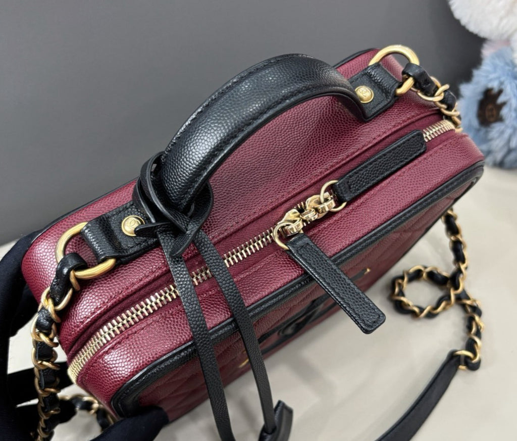 Chanel Vanity Case MM Chain Crossbody Red Black Gold Women Classic Diamond