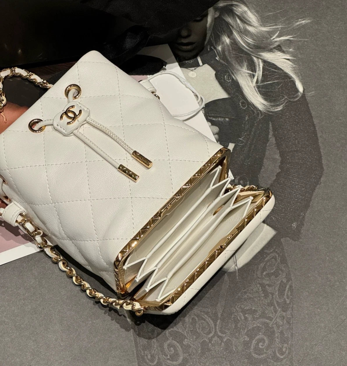Chanel Small Bucket Diamond Shoulder Bag Crossbody White Women