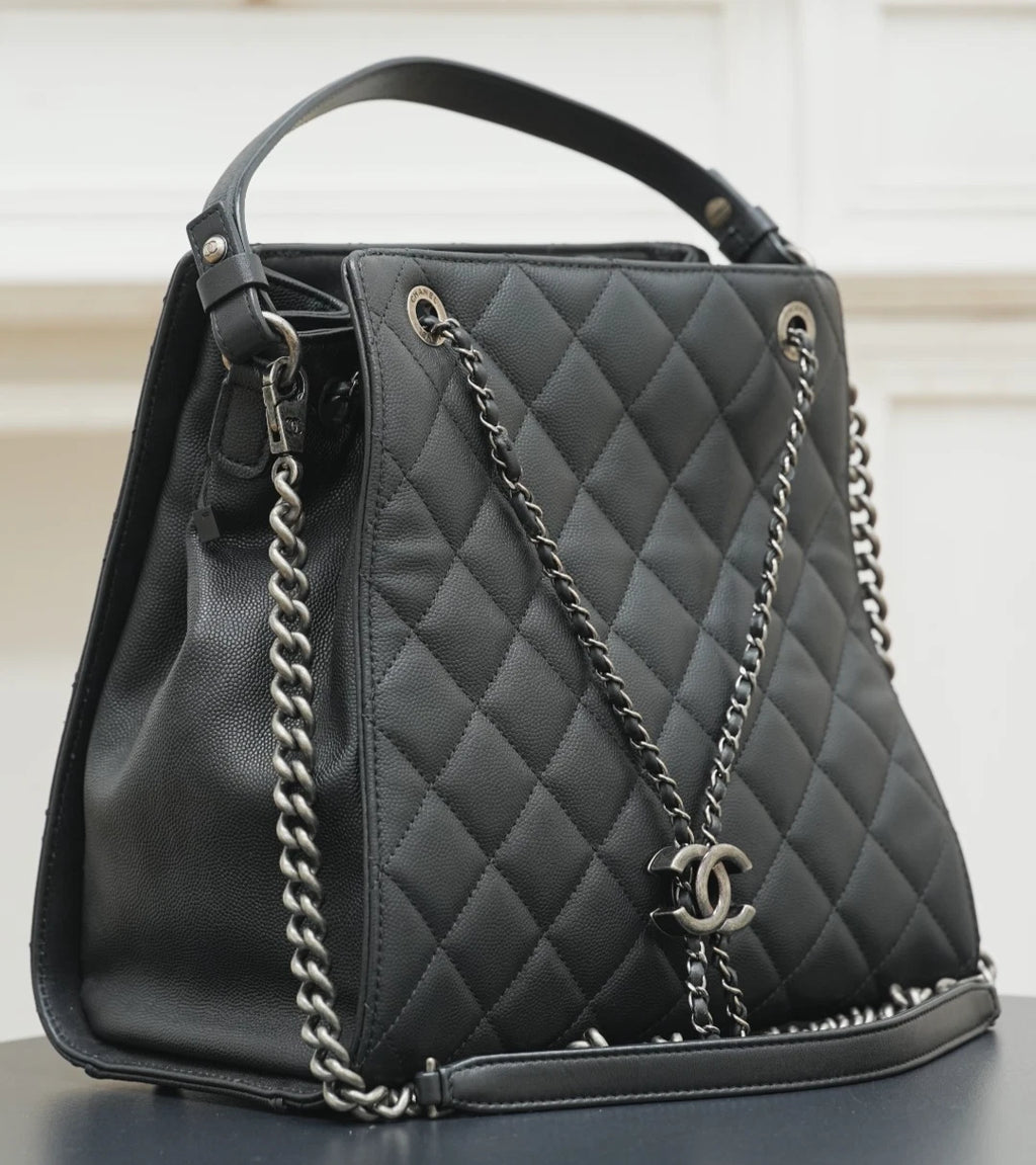 CHANEL CC Top Handle Diamond pattern Chain Shoulder Bag Black Silver - Pre-Owned