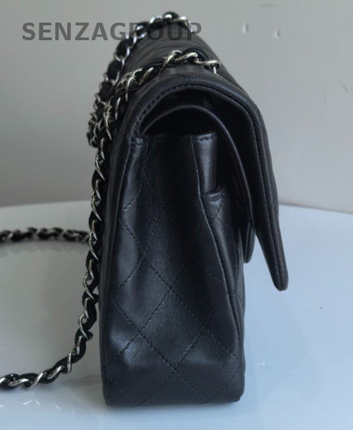 Chanel Classic Flap MM Lambskin Chain Shoulder Bag Black Silver Women Designer