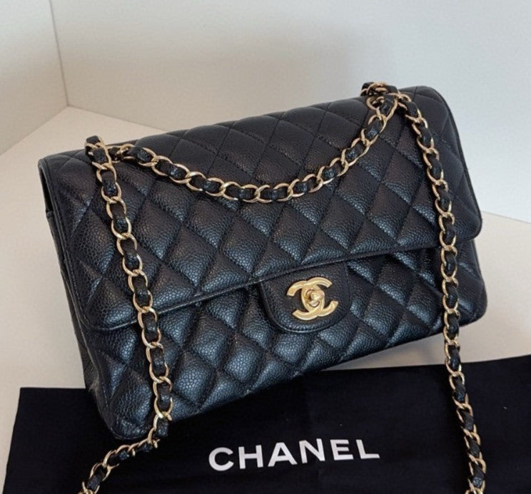 Chanel Classic Flap MM Calfskin Chain Shoulder Bag Crossbody Black Gold Women