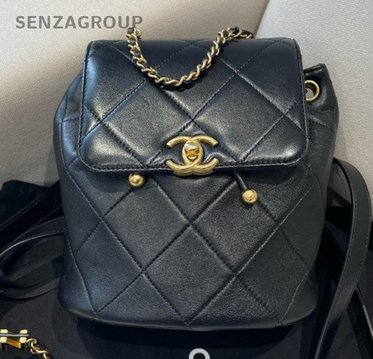Chanel Diamond Lambskin Backpack Black Gold Used Women Classic Fashion