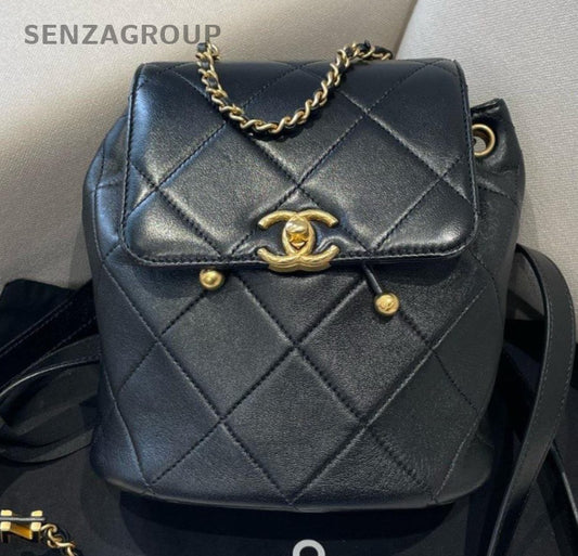 Chanel Diamond Lambskin Backpack Black Gold Used Women Classic Fashion