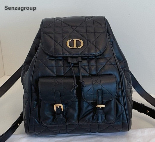Christian Dior Caro MM Backpack Black Gold Used Women Classic Fashion