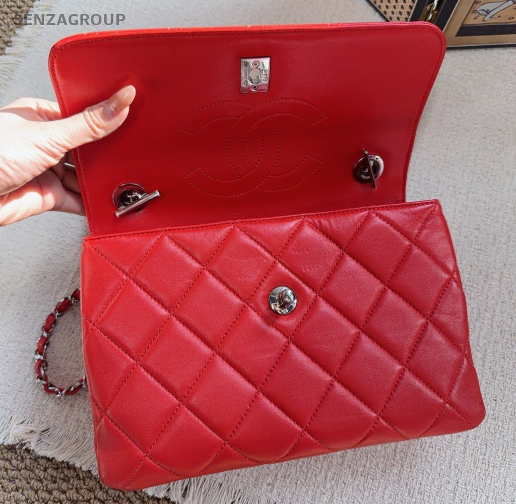 Chanel Trendy CC Chain Shoulder Bag Top Handle Bag Red Silver Women Classic