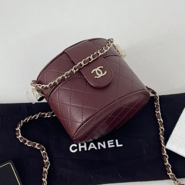Excellent Chanel Cylindrical Makeup Box Mini Gold Chain Red Handbag Crossbody